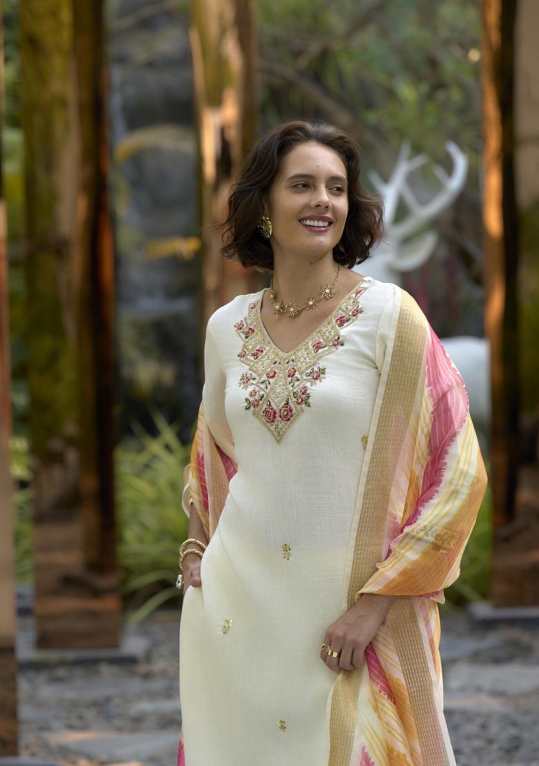 Off White Embroidered Silk Salwar Kameez With Dupatta