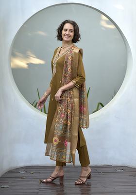Mustard Yellow Embroidered Silk Salwar Kameez With Dupatta