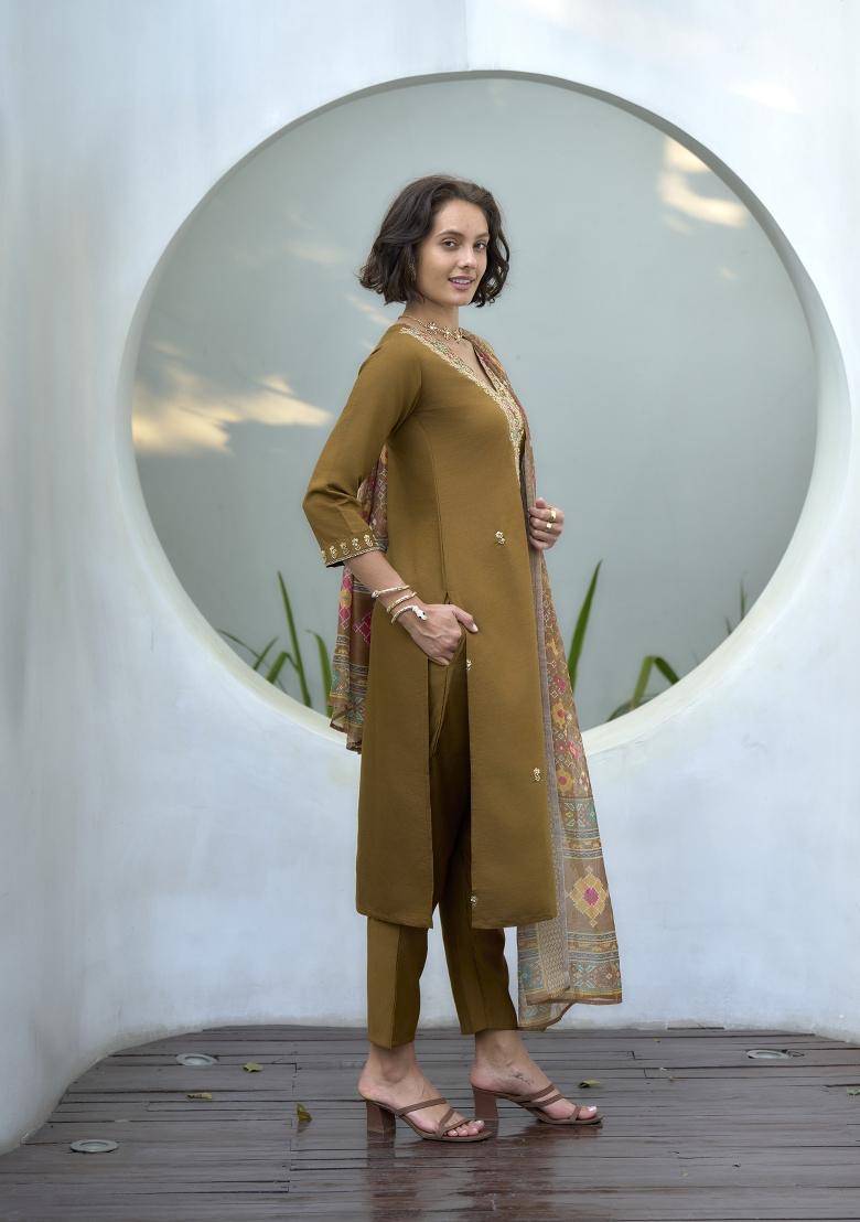 Mustard Yellow Embroidered Silk Salwar Kameez With Dupatta