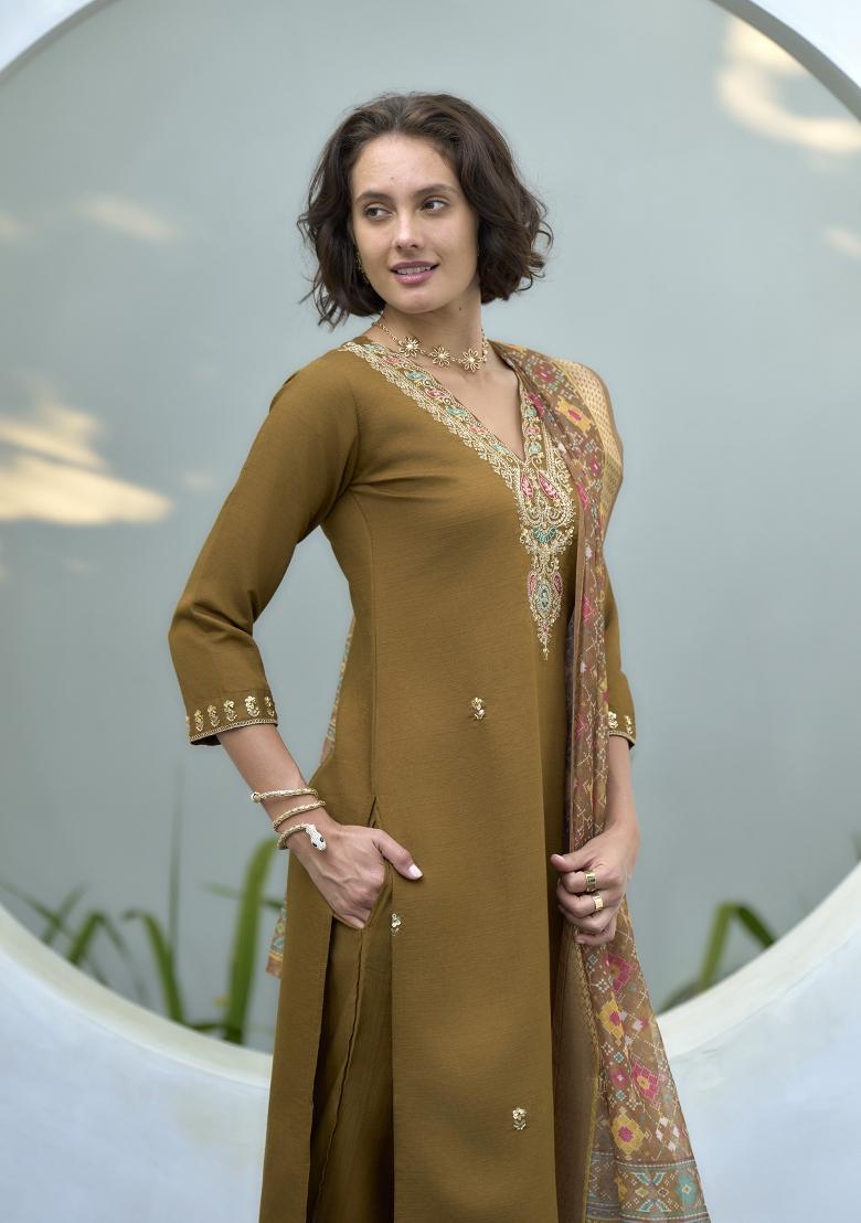 Mustard Yellow Embroidered Silk Salwar Kameez With Dupatta