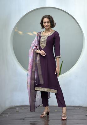Wine Embroidered Silk Salwar Kameez With Dupatta