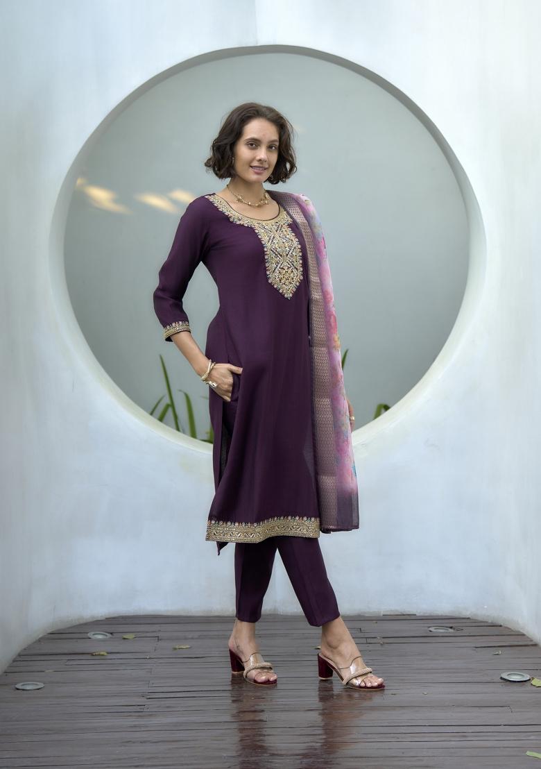 Wine Embroidered Silk Salwar Kameez With Dupatta