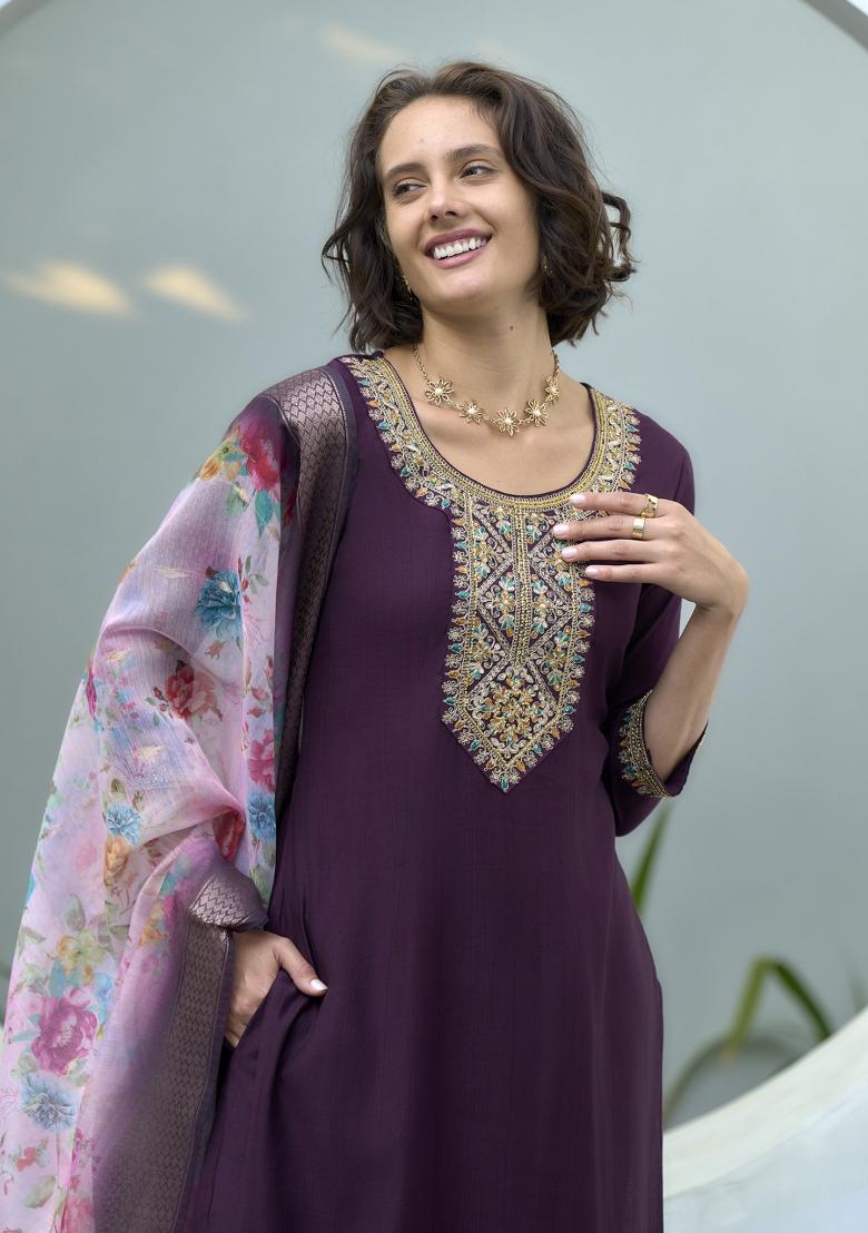 Wine Embroidered Silk Salwar Kameez With Dupatta