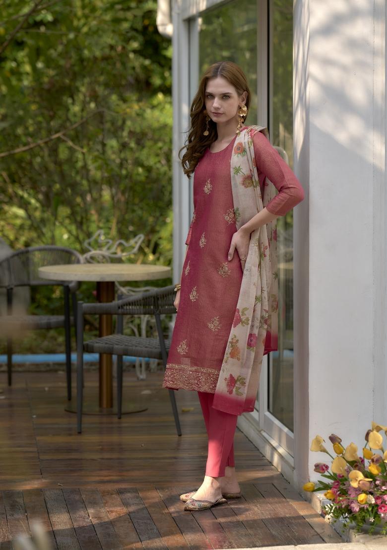 Red Embroidered Tissue Salwar Kameez With Dupatta