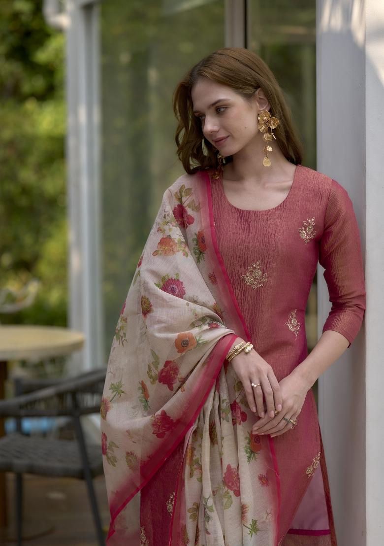 Red Embroidered Tissue Salwar Kameez With Dupatta