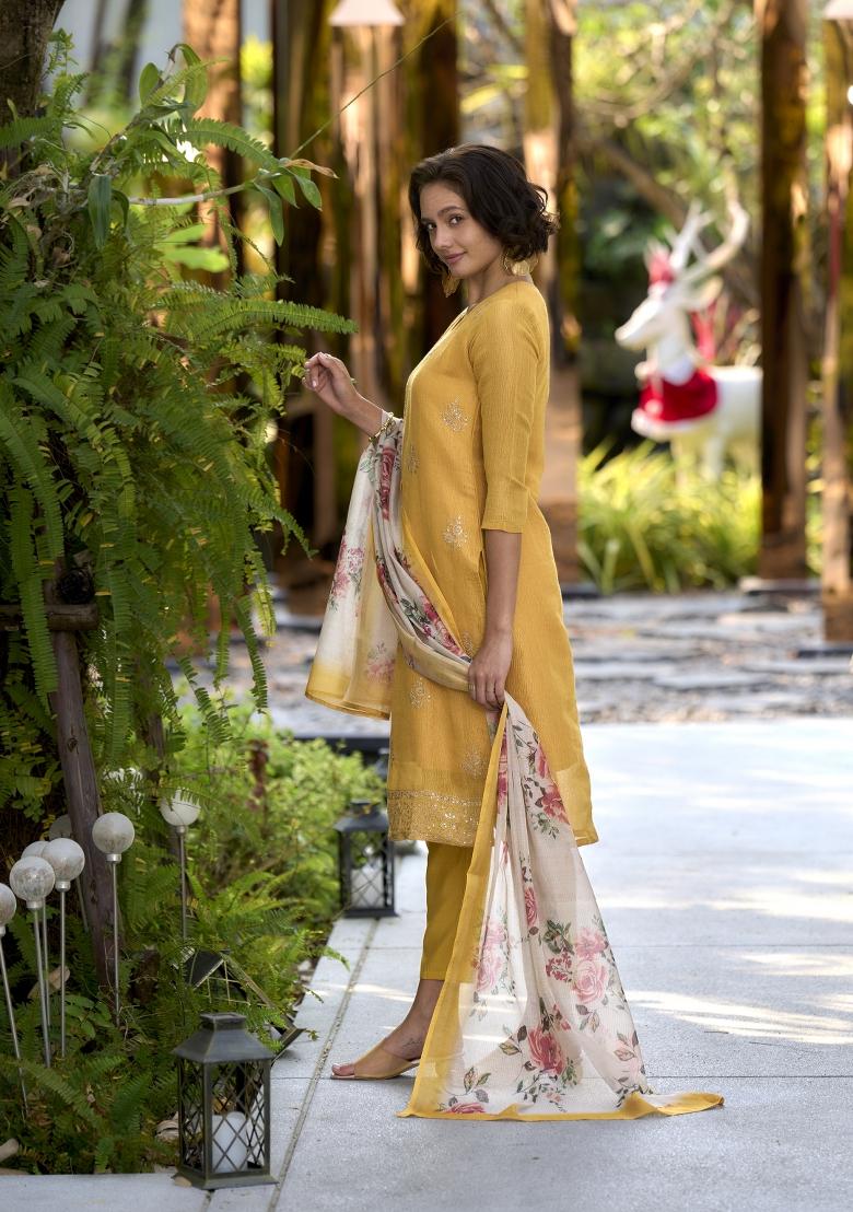 Yellow Embroidered Tissue Salwar Kameez With Dupatta