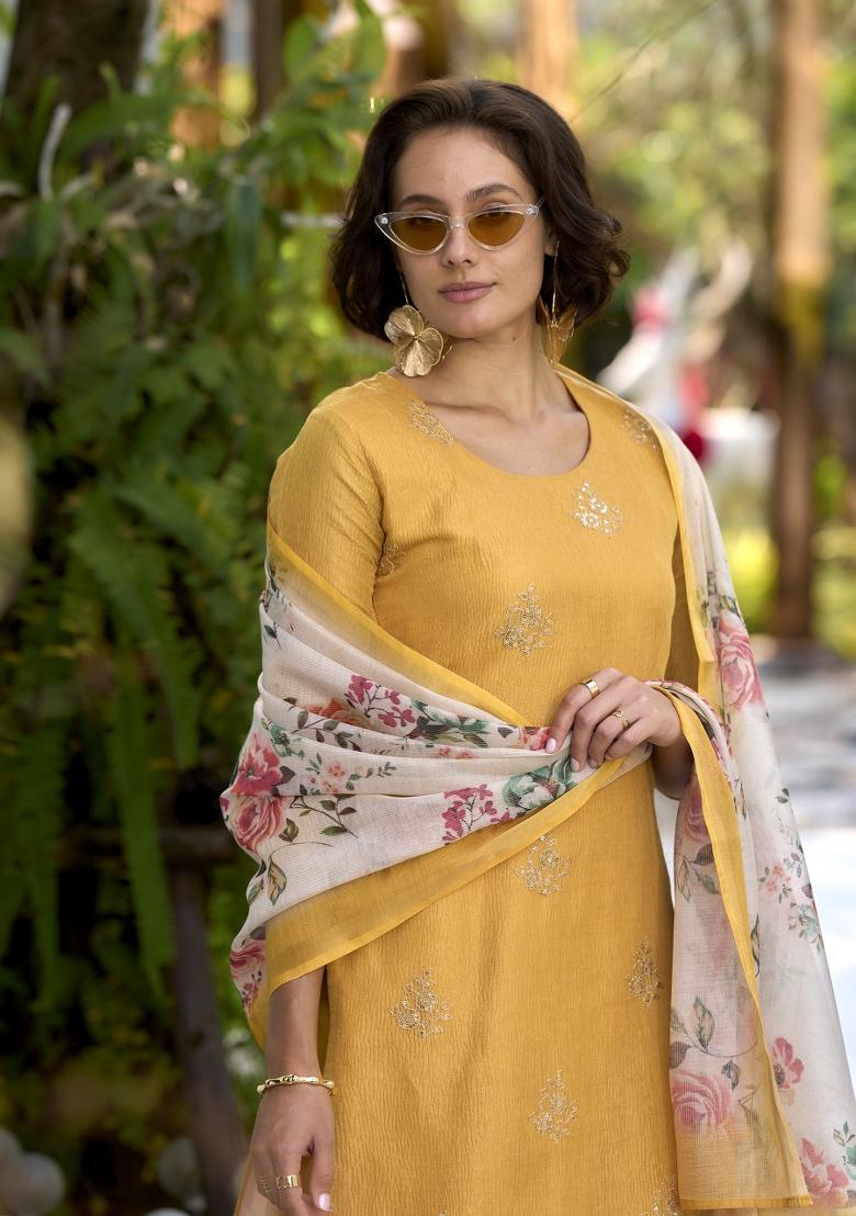 Yellow Embroidered Tissue Salwar Kameez With Dupatta