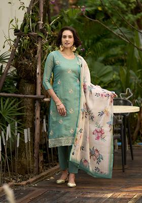 Sea Green Embroidered Tissue Salwar Kameez With Dupatta