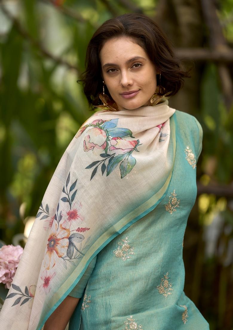 Sea Green Embroidered Tissue Salwar Kameez With Dupatta