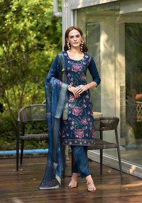 Blue Embroidered Rayon Salwar Kameez With Dupatta