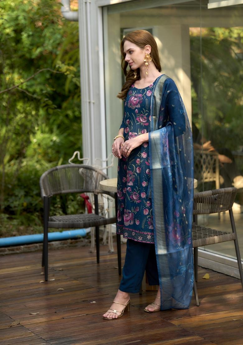 Blue Embroidered Rayon Salwar Kameez With Dupatta