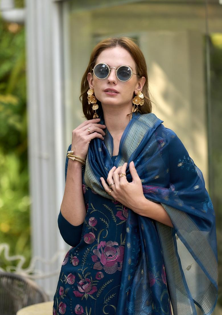 Blue Embroidered Rayon Salwar Kameez With Dupatta