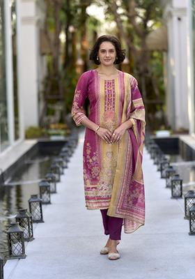 Multi Colour Embroidered Silk Blend Salwar Kameez With Dupatta