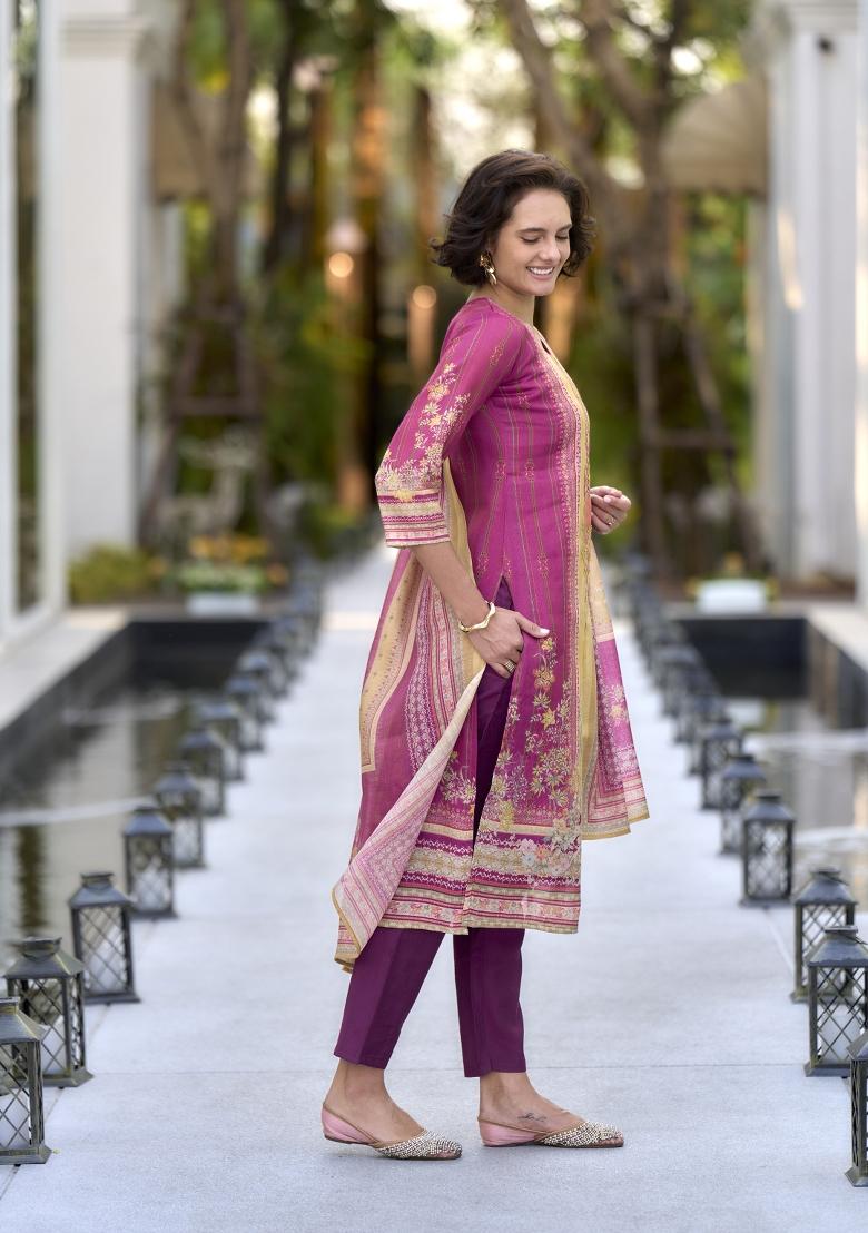 Multi Colour Embroidered Silk Blend Salwar Kameez With Dupatta