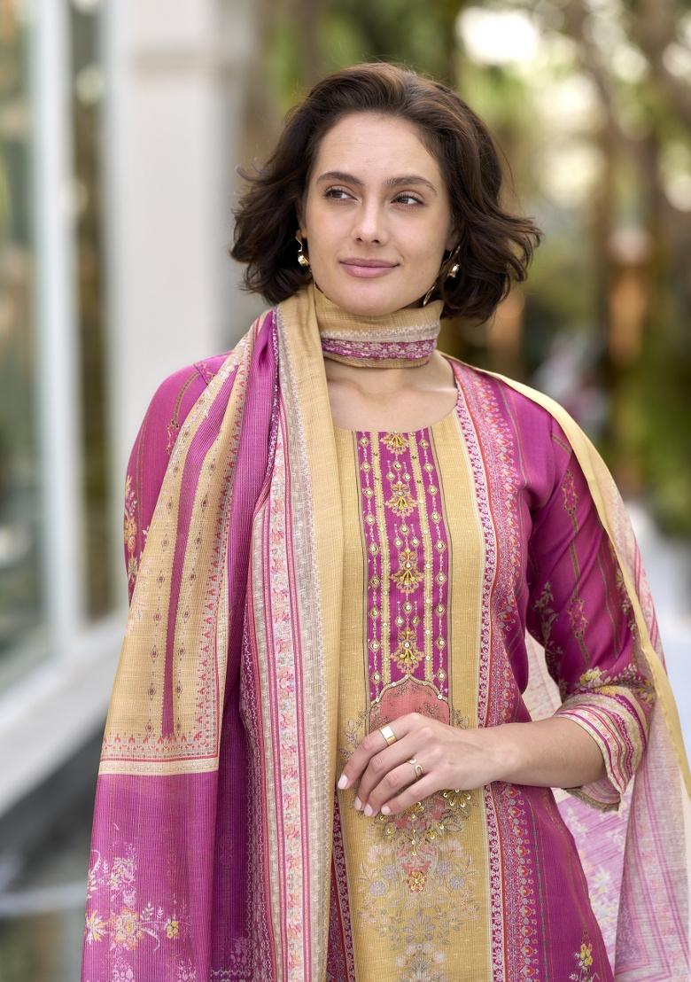 Multi Colour Embroidered Silk Blend Salwar Kameez With Dupatta