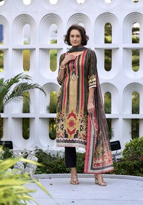 Multi Colour Embroidered Silk Blend Salwar Kameez With Dupatta