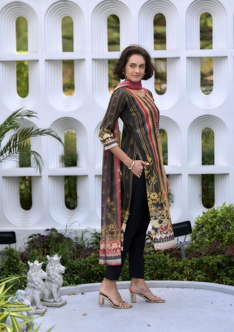 Multi Colour Embroidered Silk Blend Salwar Kameez With Dupatta
