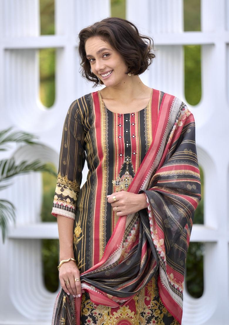 Multi Colour Embroidered Silk Blend Salwar Kameez With Dupatta