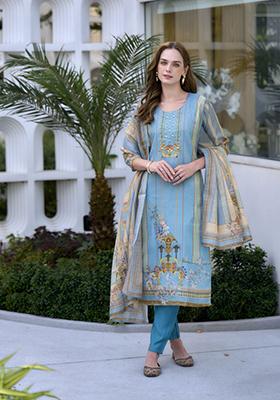 Sky Blue Embroidered Silk Blend Salwar Kameez With Dupatta