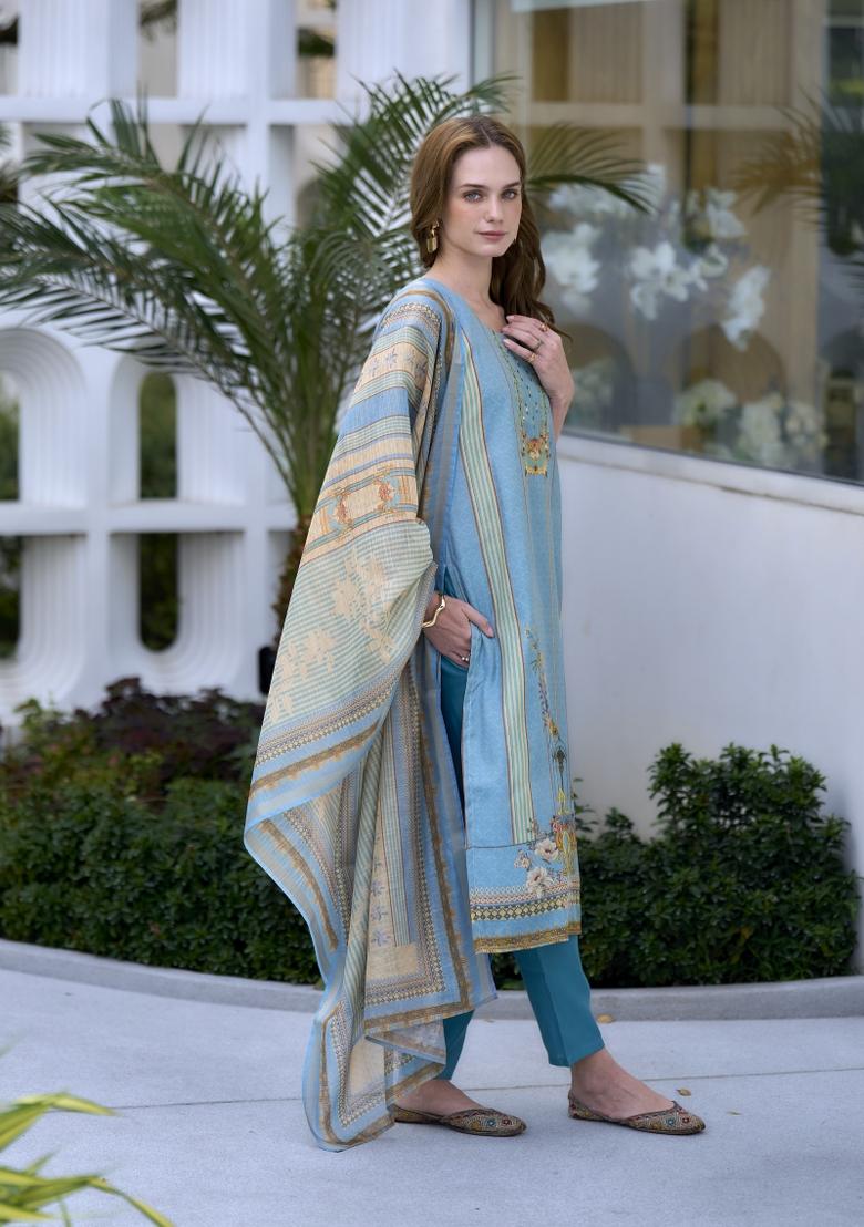 Sky Blue Embroidered Silk Blend Salwar Kameez With Dupatta