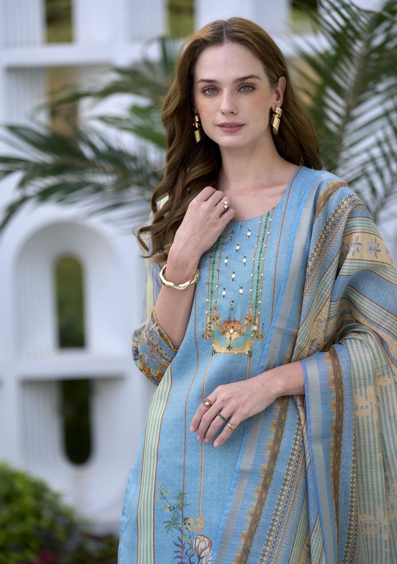 Sky Blue Embroidered Silk Blend Salwar Kameez With Dupatta