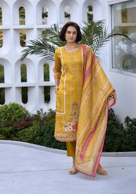 Yellow Embroidered Silk Blend Salwar Kameez With Dupatta