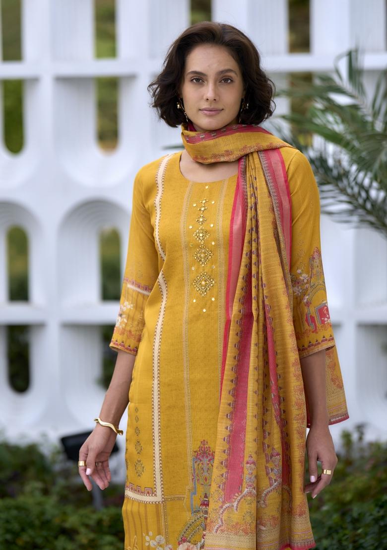 Yellow Embroidered Silk Blend Salwar Kameez With Dupatta
