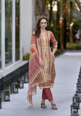 Multi Colour Embroidered Silk Blend Salwar Kameez With Dupatta