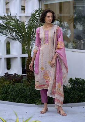 Multi Colour Embroidered Silk Blend Salwar Kameez With Dupatta