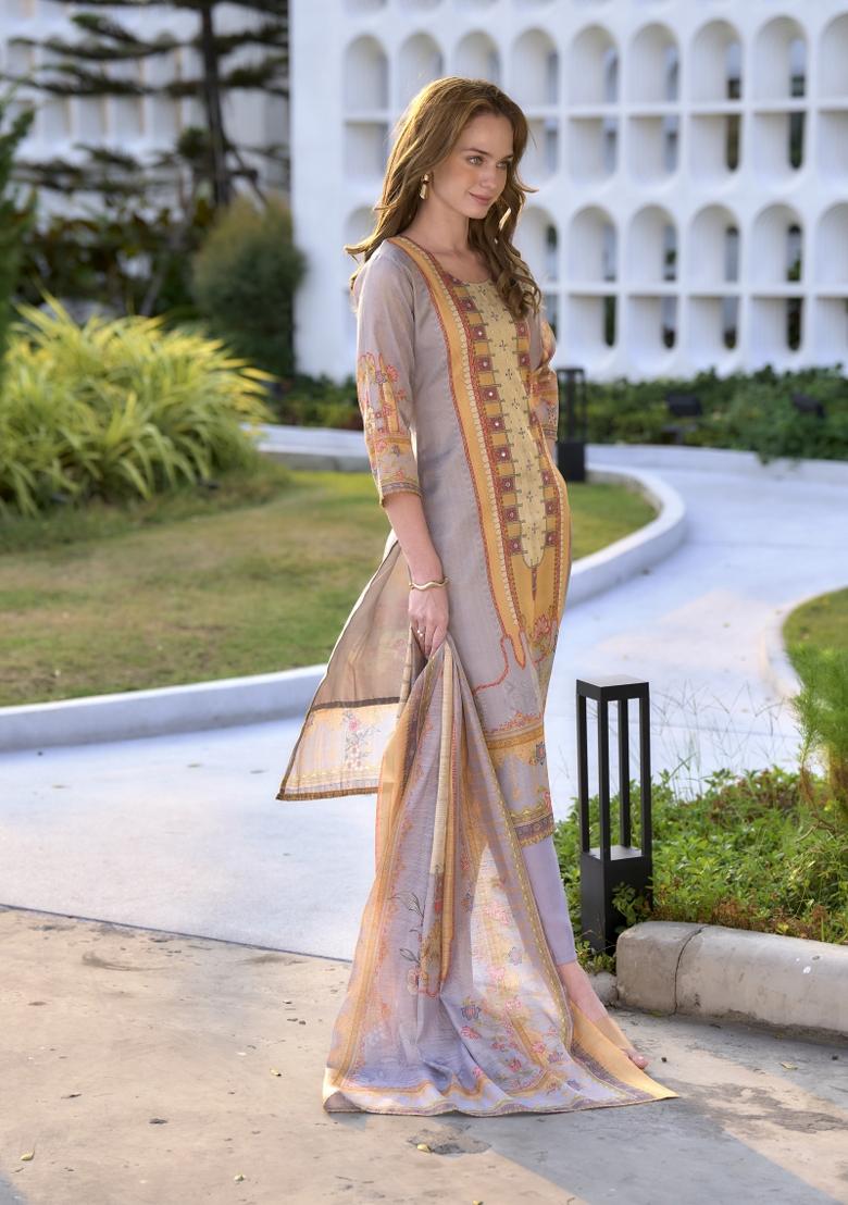 Multi Colour Embroidered Silk Blend Salwar Kameez With Dupatta