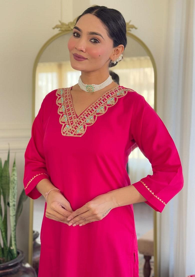 Pink Embroidered Rayon Salwar Kameez With Dupatta