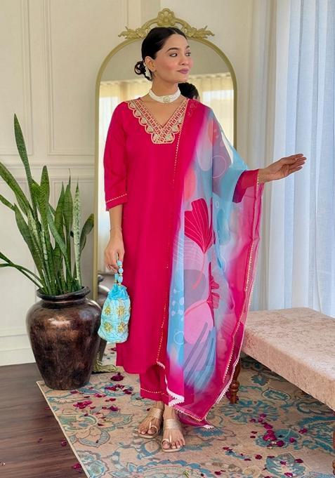 Pink Embroidered Rayon Salwar Kameez With Dupatta