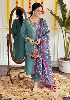 Rama Green Embroidered Chanderi Palazzo Set With Dupatta