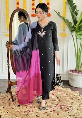 Black Embroidered Chanderi Salwar Kameez With Dupatta