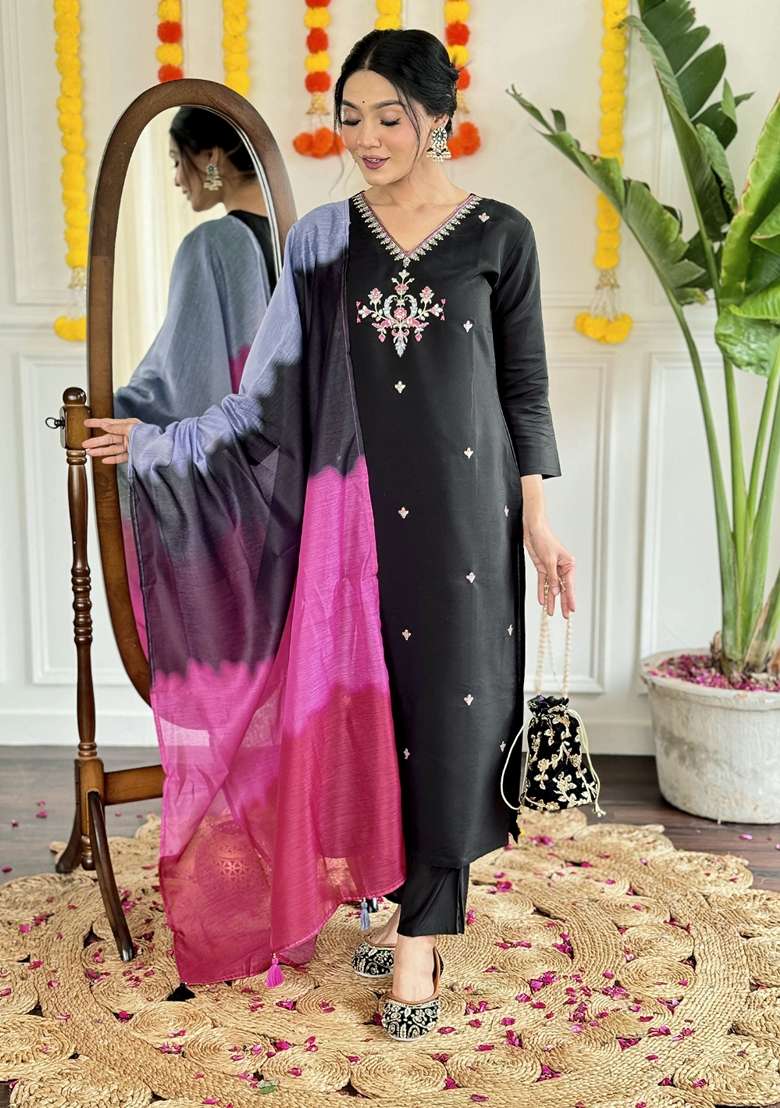 Black Embroidered Chanderi Salwar Kameez With Dupatta - Indya