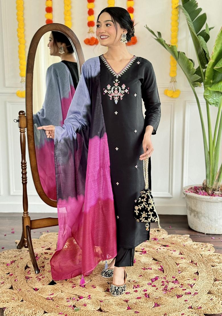Black Embroidered Chanderi Salwar Kameez With Dupatta