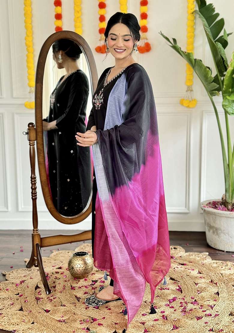 Black Embroidered Chanderi Salwar Kameez With Dupatta - Indya