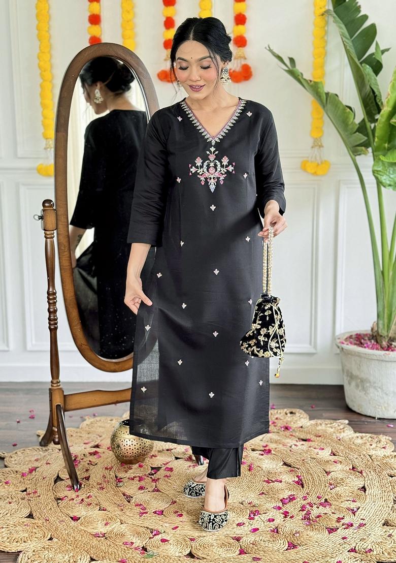 Black Embroidered Chanderi Salwar Kameez With Dupatta