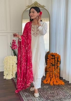 White Embroidered Rayon Salwar Kameez With Dupatta