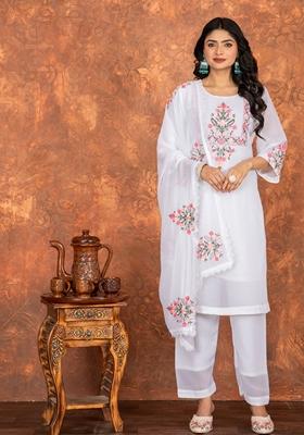 White Embroidered Georgette Salwar Kameez With Dupatta