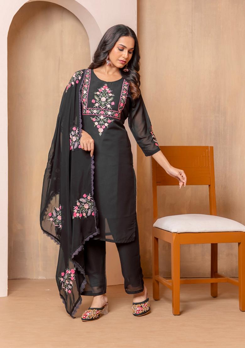 Black Embroidered Georgette Salwar Kameez With Dupatta