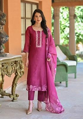 Pink Embroidered Rayon Salwar Kameez With Dupatta