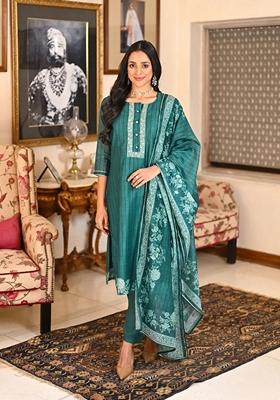 Green Embroidered Rayon Salwar Kameez With Dupatta