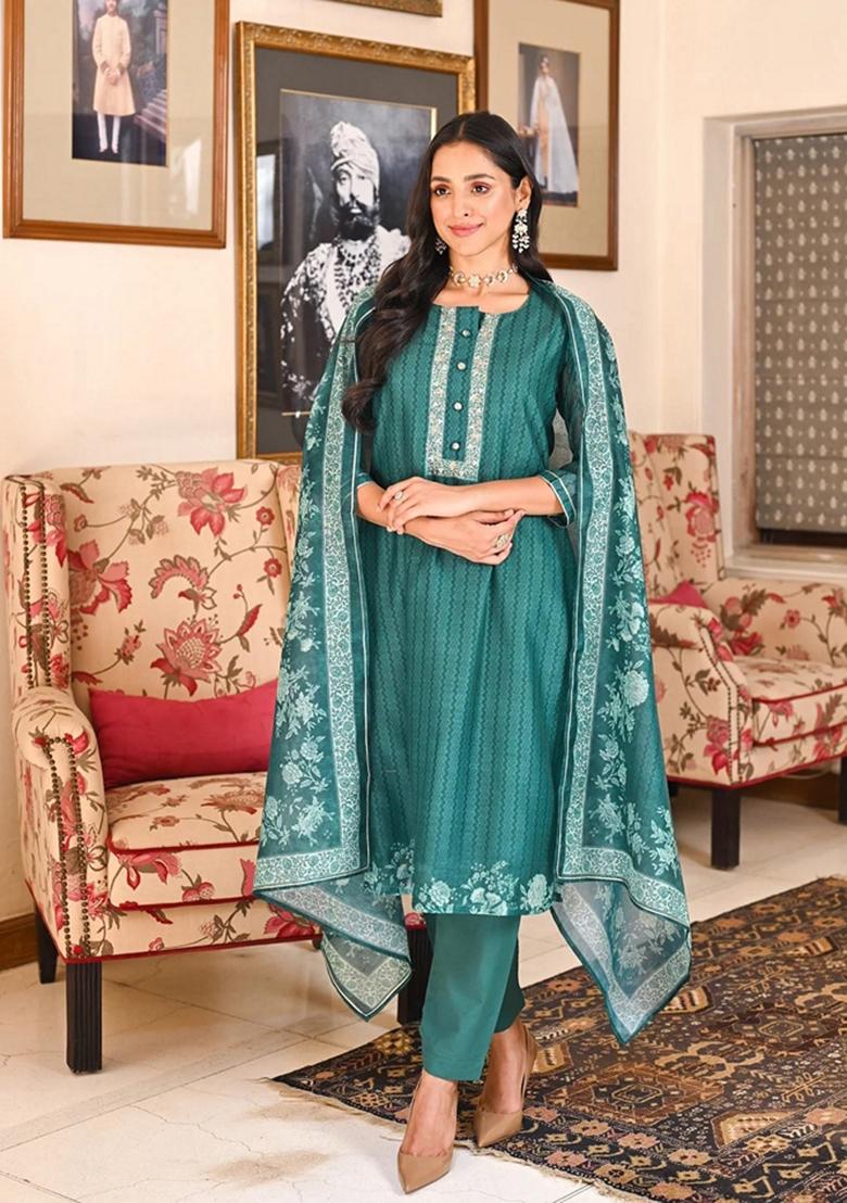 Green Embroidered Rayon Salwar Kameez With Dupatta
