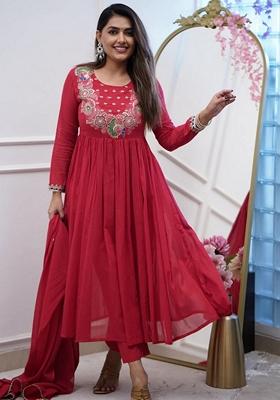 Maroon Embroidered Chinnon Salwar Kameez With Dupatta