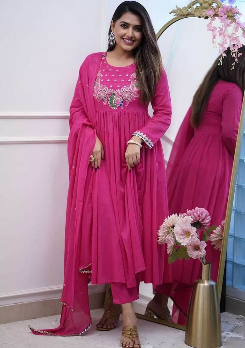 Pink Embroidered Chinon Anarkali Set - Indya