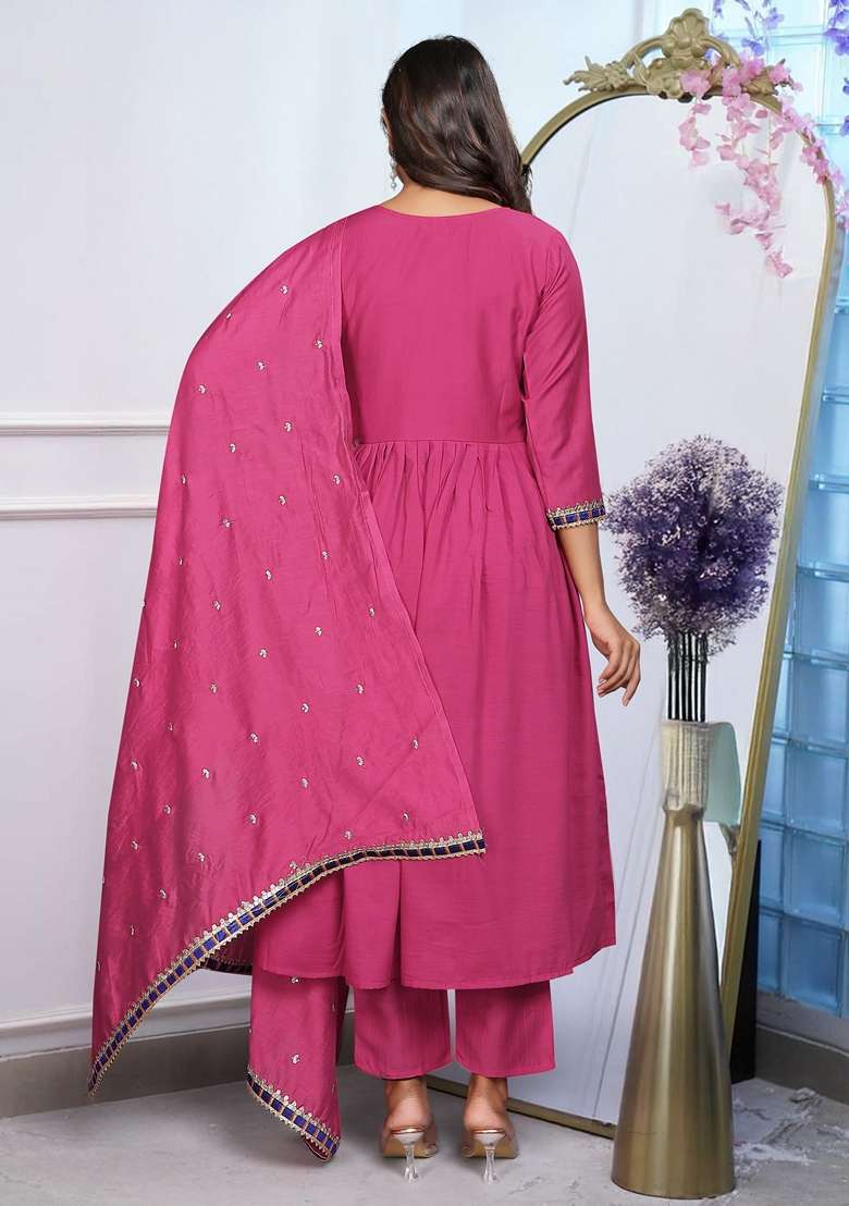 Pink Embroidered Chinon Anarkali Set - Indya