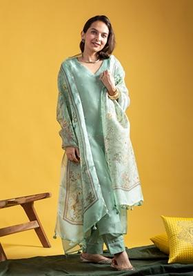Pista Green Embroidered Chanderi Salwar Kameez With Dupatta