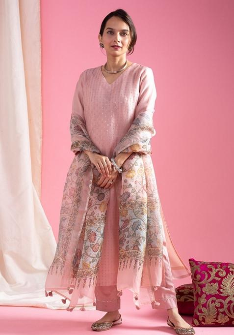 Pink Embroidered Chanderi Salwar Kameez With Dupatta