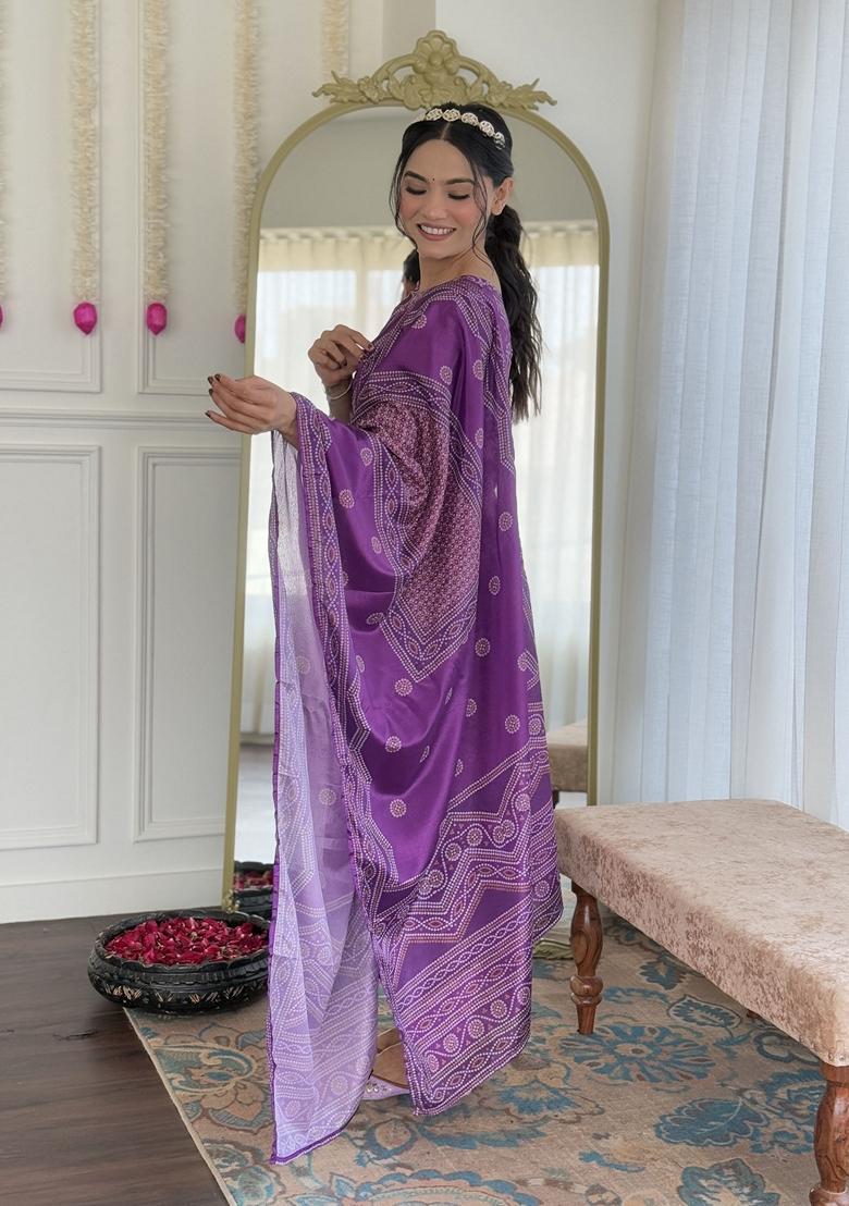 Purple Printed French Crepe Salwar Kameez With Dupatta